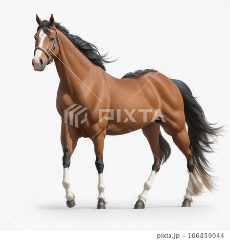 Beautiful bay stallion isolated on white background Beautiful bay stallion isolated on white background 106859044