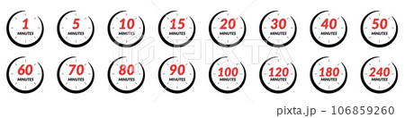 Clock icon with 5, 15, and 30-minute timer marks, stopwatch and chrono functionalities. for countdowns and time management. Flat vector illustrations isolated in background. 106859260