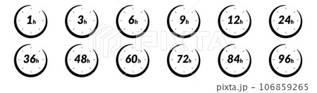 24h and 48h fast delivery time icon. Clock showing 12 and 6 hours, for sale and fast delivery logo. Represents 24, 36, and 72 hrs. Flat vector illustrations isolated in background. 24h and 48h fast delivery time icon. Clock showing 12 and 6 hours, for sale and fast delivery logo. Represents 24, 36, and 72 hrs. Flat vector illustrations isolated in background. 106859265