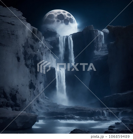 Night view of waterfall and moon in the night sky 106859489