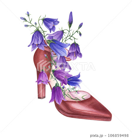 Cute bouquet of daisies and wild oats in elegant women shoes. Terracotta leather woman shoes with high heels, meadow wildflowers. Vintage watercolor illustration. Party, wedding concept Cute bouquet of daisies and wild oats in elegant women shoes. Terracotta leather woman shoes with high heels, meadow wildflowers. Vintage watercolor illustration. Party, wedding concept 106859498