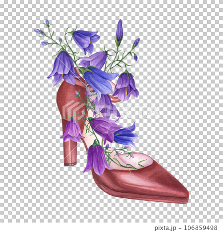 Cute bouquet of daisies and wild oats in elegant women shoes. Terracotta leather woman shoes with high heels, meadow wildflowers. Vintage watercolor illustration. Party, wedding concept Cute bouquet of daisies and wild oats in elegant women shoes. Terracotta leather woman shoes with high heels, meadow wildflowers. Vintage watercolor illustration. Party, wedding concept 106859498