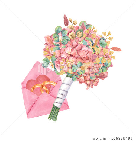 Bridal bouquet and pink envelope with gold rings and heart. Composition of hydrangea, eucalyptus, lagurus with white satin ribbon. watercolor illustration for wedding stationary, invitation 106859499