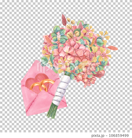 Bridal bouquet and pink envelope with gold rings and heart. Composition of hydrangea, eucalyptus, lagurus with white satin ribbon. watercolor illustration for wedding stationary, invitation 106859499
