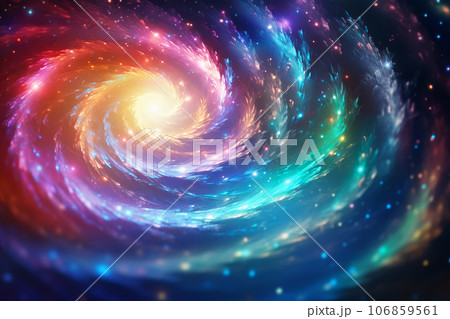 Abstract Iridescent spiral swirl made of shining particles. Sparkling galaxy spinning in dark space 106859561