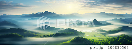 Beautiful aerial View of hilly landscape in morning mist with sun rays, banner format Beautiful aerial View of hilly landscape in morning mist with sun rays, banner format 106859562
