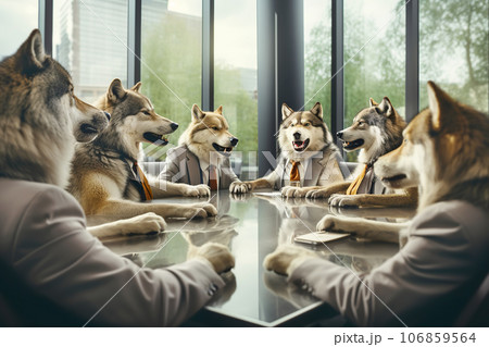 Successful businessmen dressed as wolves meeting in a modern office. Full concentration at work. 106859564