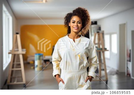 Portrait of beautiful multiracial house painter female in renovation room. Decoration and improvement interior. Portrait of beautiful multiracial house painter female in renovation room. Decoration and improvement interior. 106859585