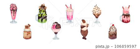 Sweet Ice Cream Dessert as Frozen Cool Summer Treat in Glass with Topping Vector Set 106859597
