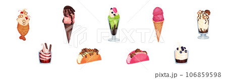 Sweet Ice Cream Dessert as Frozen Cool Summer Treat in Glass with Topping Vector Set 106859598