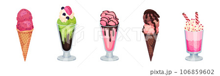 Sweet Ice Cream Dessert as Frozen Cool Summer Treat in Glass with Topping Vector Set Sweet Ice Cream Dessert as Frozen Cool Summer Treat in Glass with Topping Vector Set 106859602