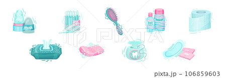 Hygiene Object and Toilet Items with Deodorant, Cotton Swabs, Brush, Shampoo, Wet Wipes and Dental Floss Vector Set Hygiene Object and Toilet Items with Deodorant, Cotton Swabs, Brush, Shampoo, Wet Wipes and Dental Floss Vector Set 106859603