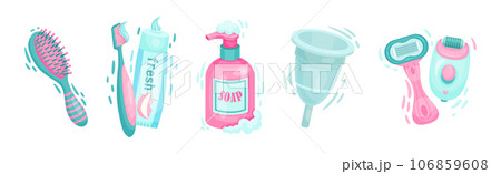 Hygiene Object and Toilet Items with Brush, Toothpaste, Soap, Menstrual Cup and Razor Vector Set 106859608