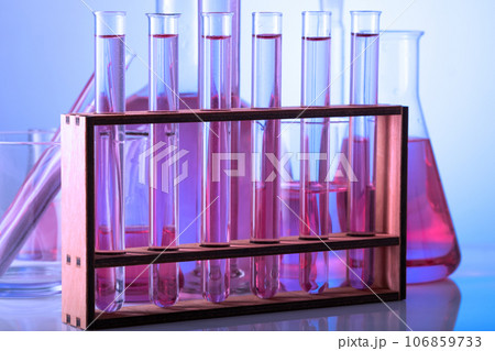 Chemical laboratory with glass test tubes and flasks Chemical laboratory with glass test tubes and flasks 106859733
