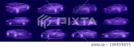Futuristic sport car. Neon concept. Glowing electric virtual control. Traffic on a road 106859855