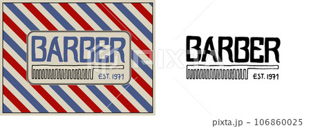 Poles with Stripes Barber shop banner or poster. Haircut of beard and mustache. Tools for man icon Poles with Stripes Barber shop banner or poster. Haircut of beard and mustache. Tools for man icon 106860025