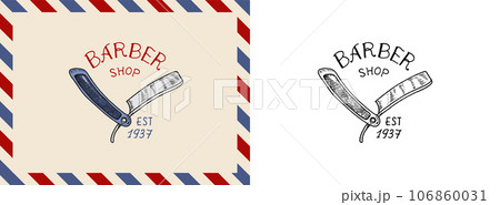 Straight razor. Barber shop badge and label, logo and hipster emblems. Haircut of beard and mustache 106860031
