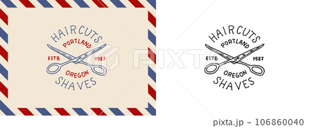 Scissors and ribbon. Barber shop badge and label, logo and hipster emblems. Haircut of beard and Scissors and ribbon. Barber shop badge and label, logo and hipster emblems. Haircut of beard and 106860040
