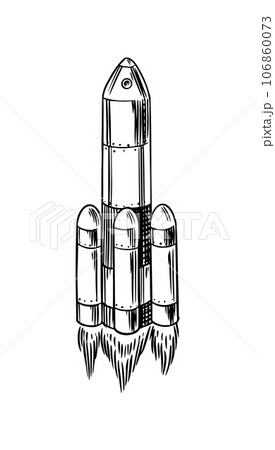 Rocket launching to the sky. Space shuttle takes off. Astronomical astronaut exploration. Engraved Rocket launching to the sky. Space shuttle takes off. Astronomical astronaut exploration. Engraved 106860073