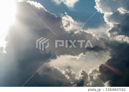 Dramatic sky with grey clouds over the city before the storm. Weather before or after a storm. 106860592