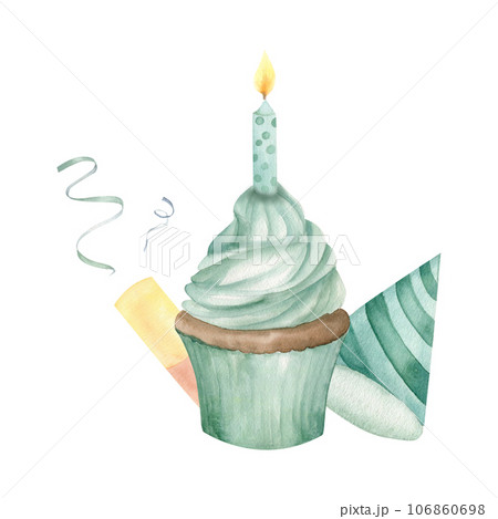 Watercolor mint color cupcake with candel ,birthday hat anf confetti for birthday design 106860698