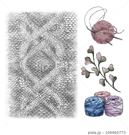 Set of watercolor illustrations of balls of yarn and background. High quality 106860773