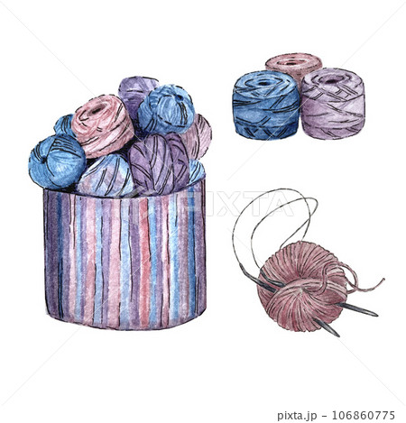 Set of watercolor illustrations of balls of yarn. High quality 106860775