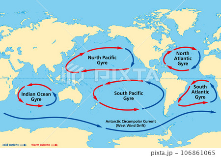 Major ocean gyres, world map. The five most notable ocean gyres, flowing clockwise in the Northern and counterclockwise in the Southern hemisphere. Large systems of circulating ocean surface currents. 106861065