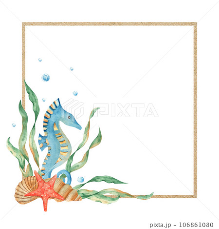 Marine square frame, sand texture with cute seahorse, seaweeds, seashells, red starfish, water bubbles. Watercolor hand drawn illustration for children isolated on white background. For cards, marine 106861080