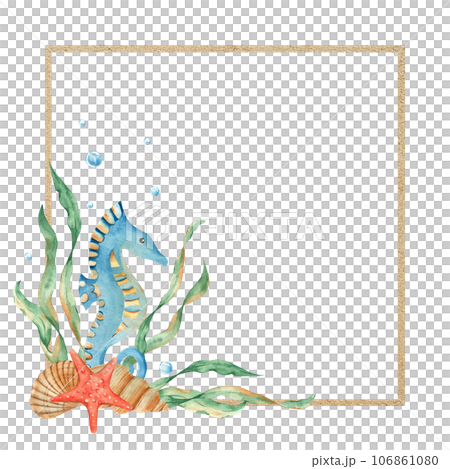 Marine square frame, sand texture with cute seahorse, seaweeds, seashells, red starfish, water bubbles. Watercolor hand drawn illustration for children isolated on white background. For cards, marine 106861080