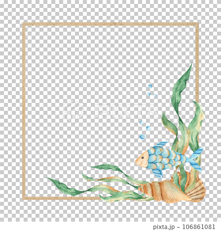 Marine square frame, sand texture with cute fish, seaweeds, red starfish, seashells and water bubbles. Underwater world. Watercolor hand drawn illustration for children. For cards, logos, marine 106861081