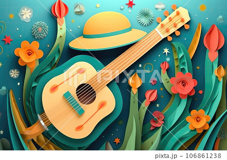 Guitar, hat and paper art flowers - Generative AI 106861238