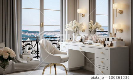 A glamorous dressing room for a fashionista with a vanity table, glass window, feminine and luxurious space, AI Generated A glamorous dressing room for a fashionista with a vanity table, glass window, feminine and luxurious space, AI Generated 106861333