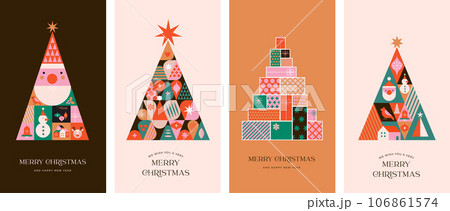 Collection of Christmas trees in modern minimalist geometric style. Colorful illustration in flat 106861574