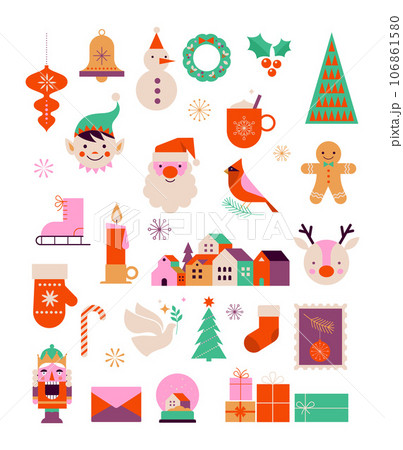 Merry Christmas cute modern minimalist style elements, illustrations collection. Santa, Christmas 106861580