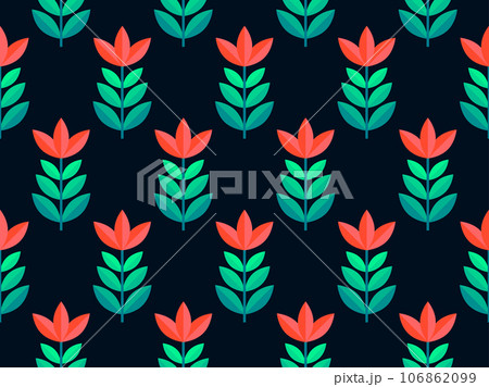 Seamless pattern with flowers with red petals and green leaves on a black background. Flowers composition in a minimalist modern style. Design for printing on fabric and wallpaper. Vector illustration 106862099