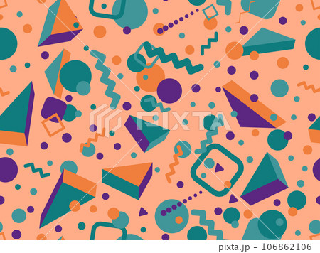 Memphis seamless pattern with 3d geometric shapes in 80s style. Colorful geometric pattern. Design of promotional products, wrapping paper and printing. Vector illustration 106862106