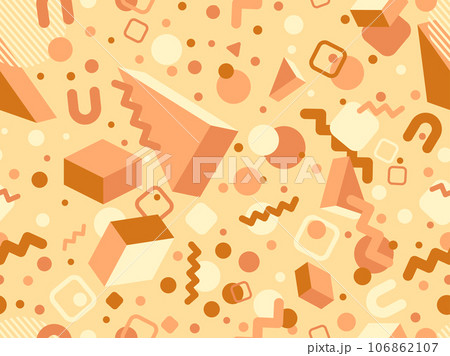 Memphis seamless pattern with 3d geometric shapes in 80s style. Colorful geometric pattern. Design of promotional products, wrapping paper and printing. Vector illustration 106862107