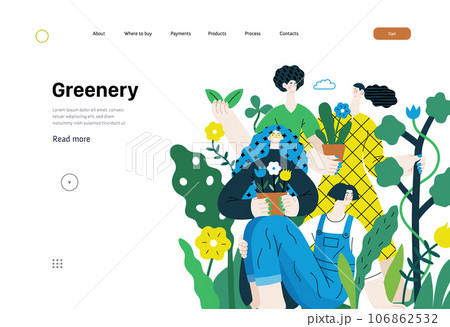 Greenery, ecology -modern flat vector concept illustration of people surrounded by plants and flowers. Metaphor of environmental sustainability and protection, closeness to nature Greenery, ecology -modern flat vector concept illustration of people surrounded by plants and flowers. Metaphor of environmental sustainability and protection, closeness to nature 106862532