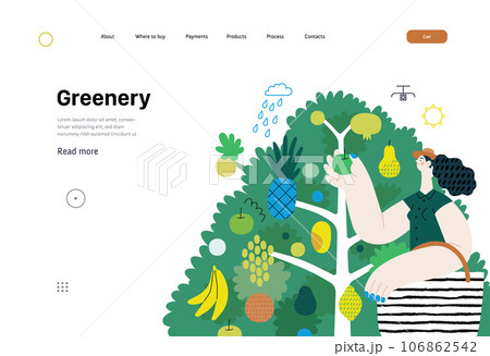 Greenery, ecology -modern flat vector concept illustration of a woman gathering fruit from the 40 fruit tree. Metaphor of environmental sustainability and protection, closeness to nature 106862542