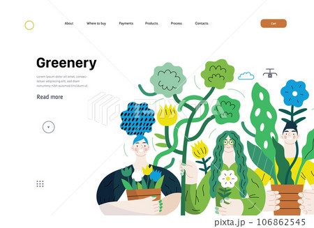 Greenery, ecology -modern flat vector concept illustration of people surrounded by plants and flowers. Metaphor of environmental sustainability and protection, closeness to nature 106862545