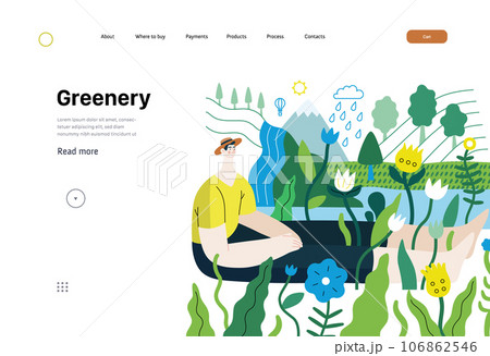 Greenery, ecology -modern flat vector concept illustration of a man sitting in the landscape with river and waterfall. Metaphor of environmental sustainability and protection, closeness to nature Greenery, ecology -modern flat vector concept illustration of a man sitting in the landscape with river and waterfall. Metaphor of environmental sustainability and protection, closeness to nature 106862546