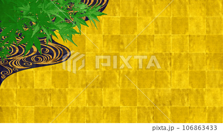 緑のモミジと水流を金箔で描いた、琳派風の屏風絵アート 106863433