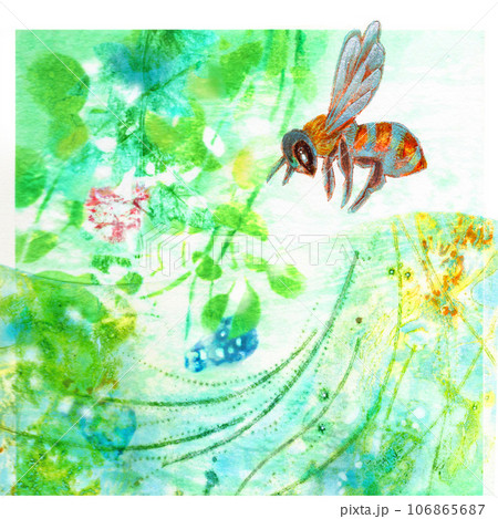 ナチュラルで可愛い蜂と植物の水彩画手 …