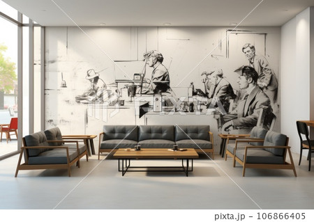 Wall Paper pencil sketch design with modern furniture in foreground. Generative AI 106866405