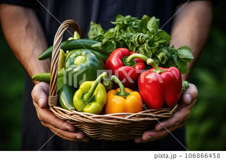Basket of vegetables in hand of mature man, isolated on white background, studio lighting. Generative AI Basket of vegetables in hand of mature man, isolated on white background, studio lighting. Generative AI 106866458