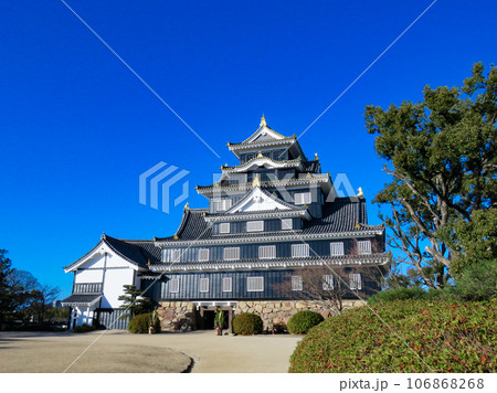 そびえる岡山城の天守閣 106868268