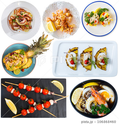 Assorted squid and cuttlefish dishes on a white background Assorted squid and cuttlefish dishes on a white background 106868460