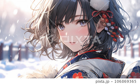 雪の中振り返る和服女性 106869365