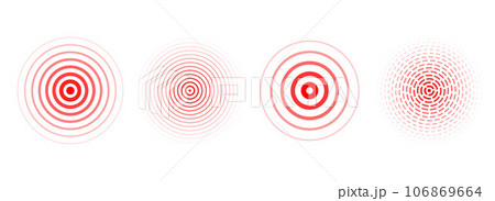 Red concentric ripple circles set. Sonar or sound wave rings collection. Epicentre, target, radar icon concept. Radial signal or vibration elements. Halftone dotted and lined vector illustration Red concentric ripple circles set. Sonar or sound wave rings collection. Epicentre, target, radar icon concept. Radial signal or vibration elements. Halftone dotted and lined vector illustration 106869664